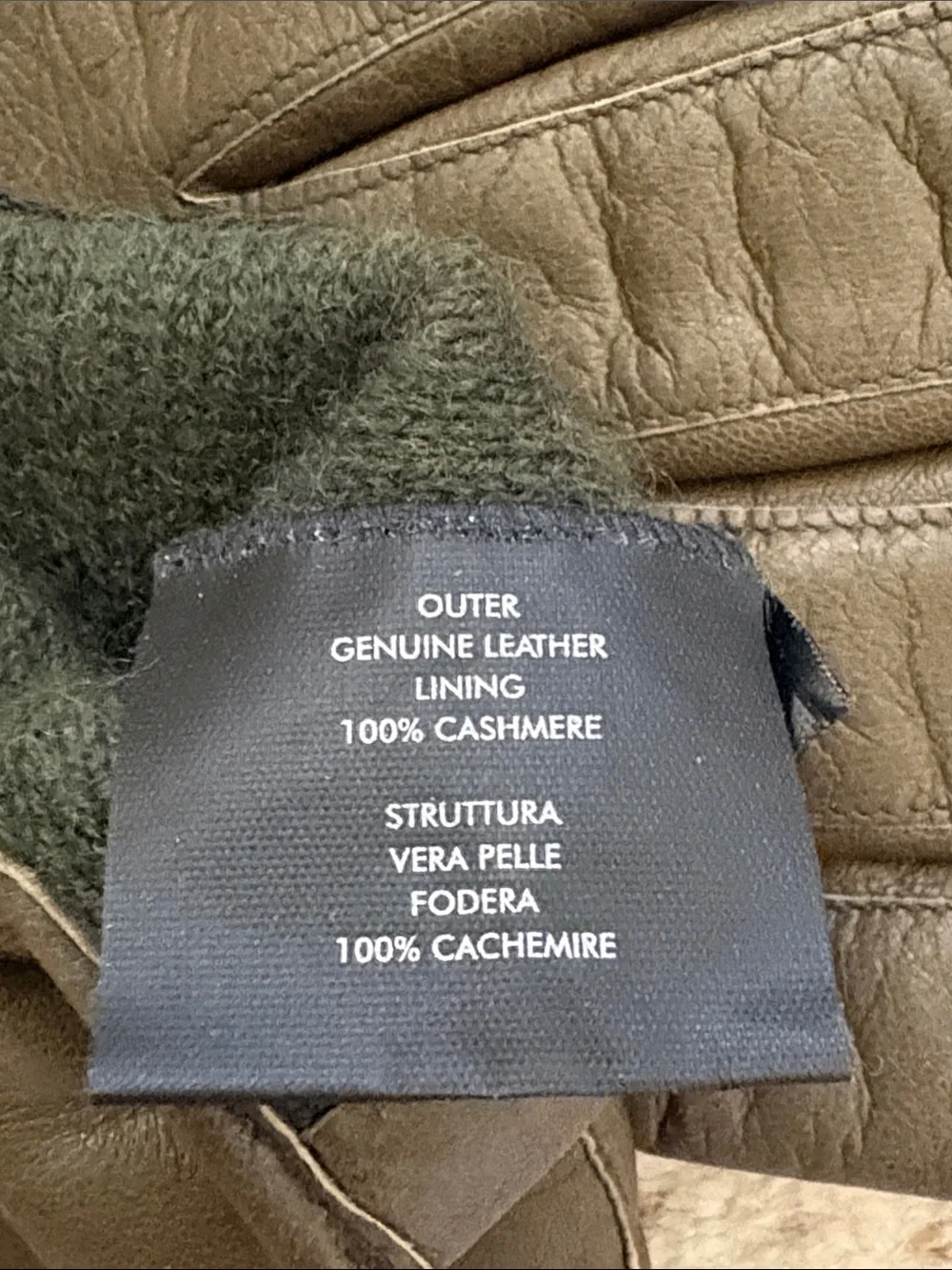 Gucci Olive Green Leather Cashmere Lined Interlocking G Charm Gloves Size 7.5